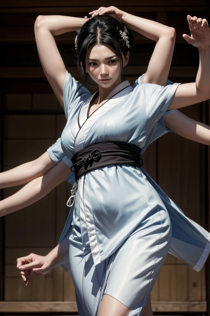 masterpiece, best quality, extremely detailed, hyperrealistic:1.1, photorealistic, a beautiful 20s russian model, ultra detailed face:1.1, white japanese yukata, black kimono cardigan, half updo, black hair, artistic jump:1.3, strenuous movements, from below, dynamic angle, extra arms:1.2, 10 arms:1.2, raising arms, japanese style temple
