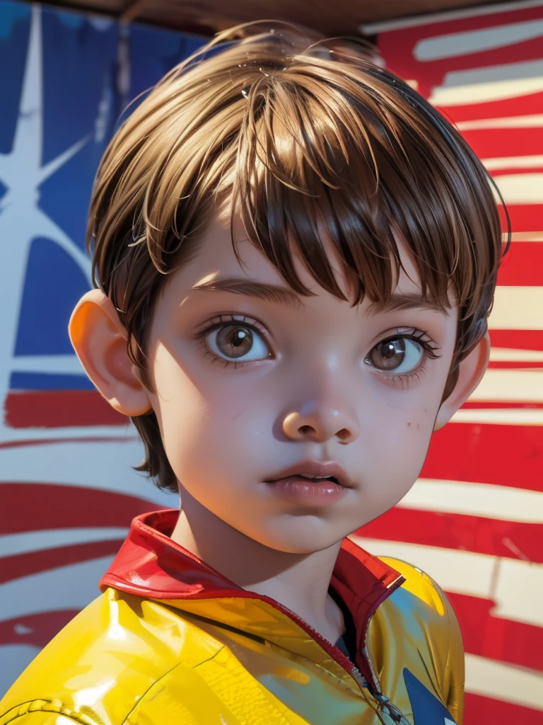 Cinematic Cartoon style. Comic art. TME0224 face, (((a boy, 6yo))) in a funny night, brown eyes, (((wearing a American captain costume))). (((Comic abstract background))). cinematic lighting, drop shadow, masterpiece, UHD, anatomically correct, textured skin, super detail, high details, high quality, best quality, 4K