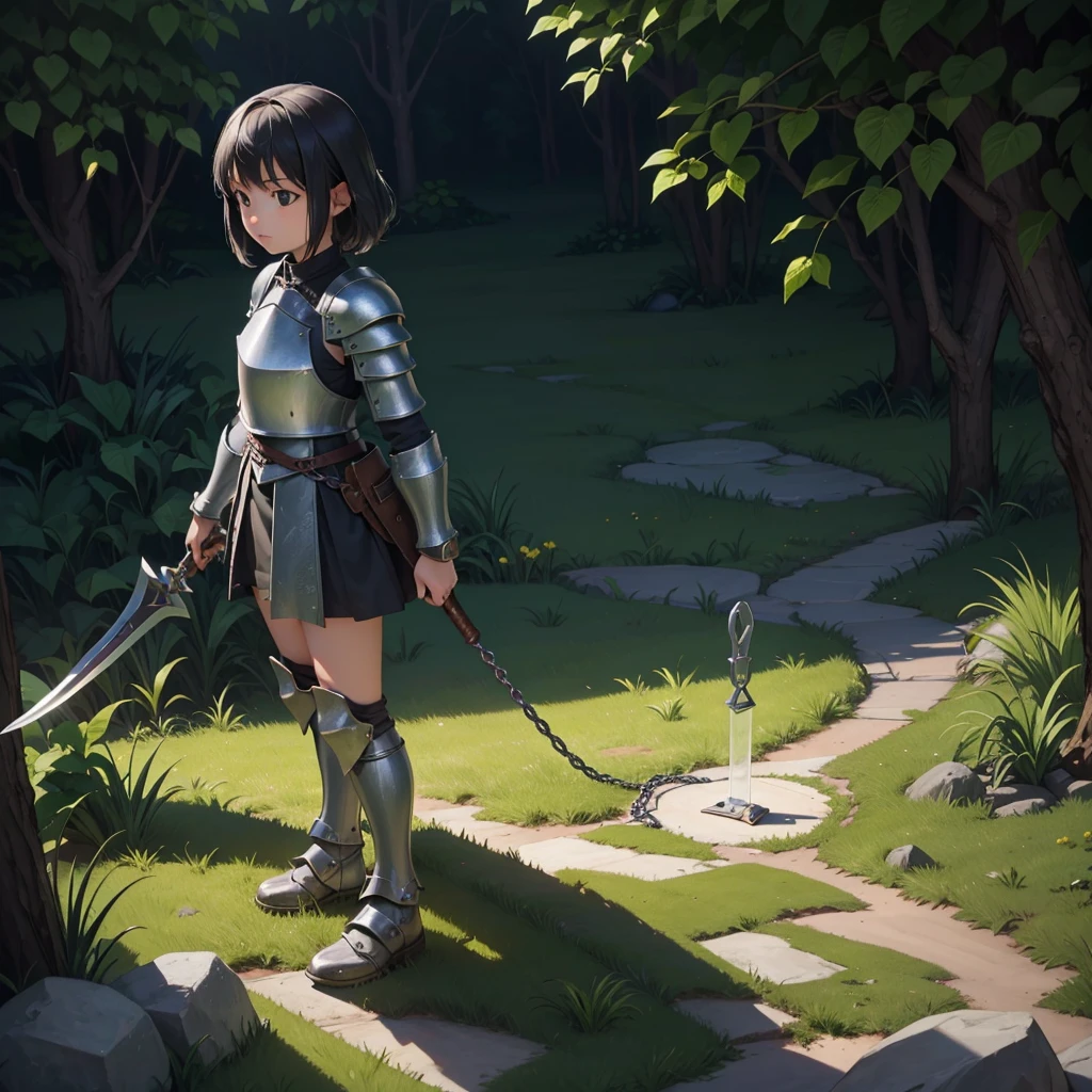 最high quality、high quality、Simple Cloth Armor、１０Year-old girl adventurer、Equipped with a weapon that has a short chain at the end of a stick and a spiked iron ball at the end of the chain、In a dark maze、Green armor