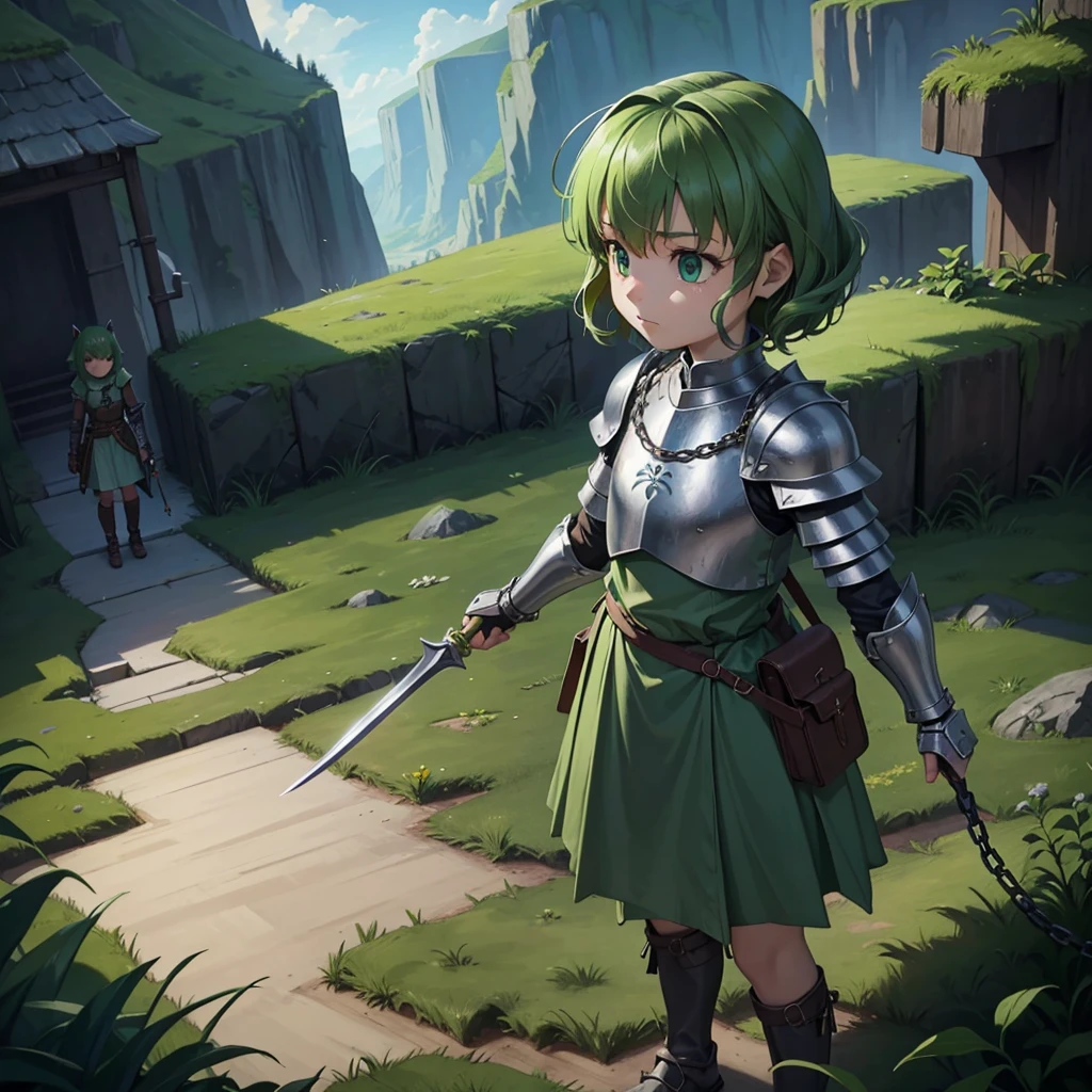 最high quality、high quality、Simple Cloth Armor、１０Year-old girl adventurer、Equipped with a weapon that has a short chain at the end of a stick and a spiked iron ball at the end of the chain、In a dark maze、Green armor