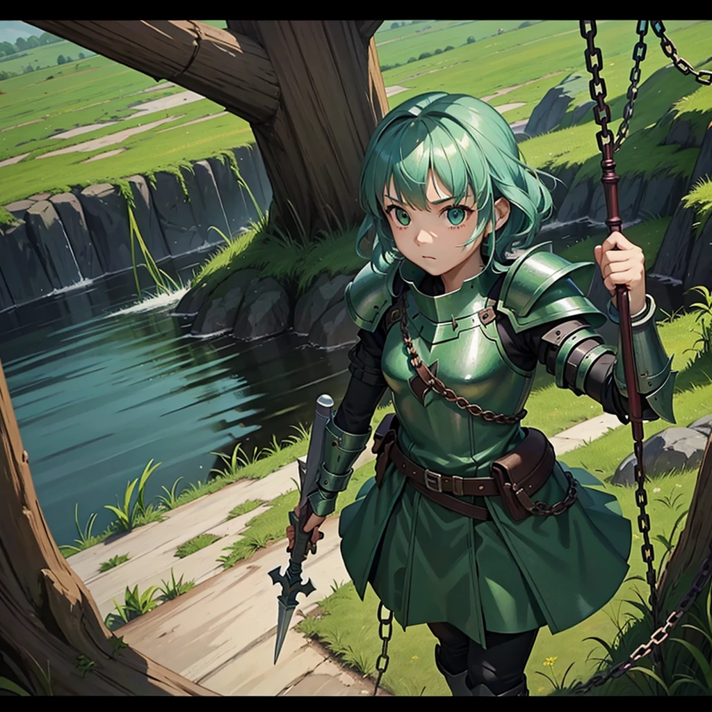 最high quality、high quality、Simple Cloth Armor、１０Year-old girl adventurer、Equipped with a weapon that has a short chain at the end of a stick and a spiked iron ball at the end of the chain、In a dark maze、Green armor