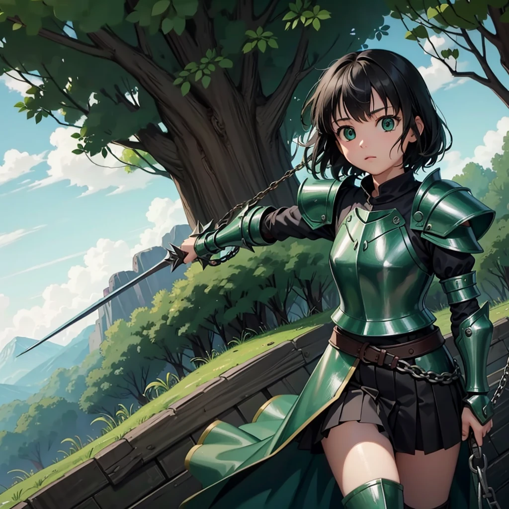 最high quality、high quality、Simple Cloth Armor、１０Year-old girl adventurer、Equipped with a weapon that has a short chain at the end of a stick and a spiked iron ball at the end of the chain、In a dark maze、Green armor