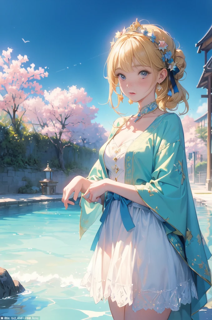 (8 (8k, Highest quality, masterpiece:1.2),cute,cute女の子たち,Couple girls,2 people，お腹にkissをする，mesugaki,Fantasy_world,kiss,Open-air bath，Interact&#39;chest，Gentle caress，Heavy breathing， splattered on face，お腹にディープkiss，Starry Sky，night， Runs down the thigh