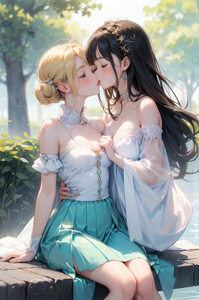 (8 (8k, Highest quality, masterpiece:1.2),cute,cute女の子たち,Couple girls,2 people，お腹にkissをする，mesugaki,Fantasy_world,kiss,Open-air bath，Interact&#39;chest，Gentle caress，Heavy breathing， splattered on face，お腹にディープkiss，Starry Sky，night， Runs down the thigh