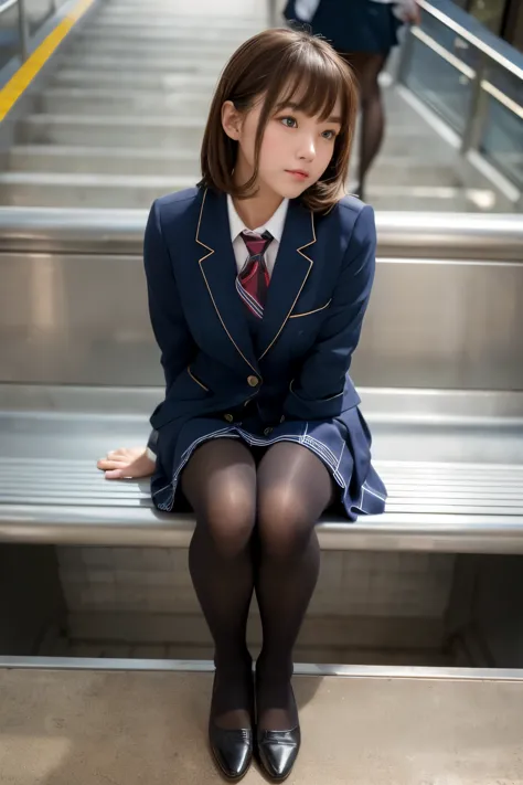 ((highest quality)), ((masterpiece)), (familiar),  a high school girl sitting on a bench at a station on her way to school、ignor...