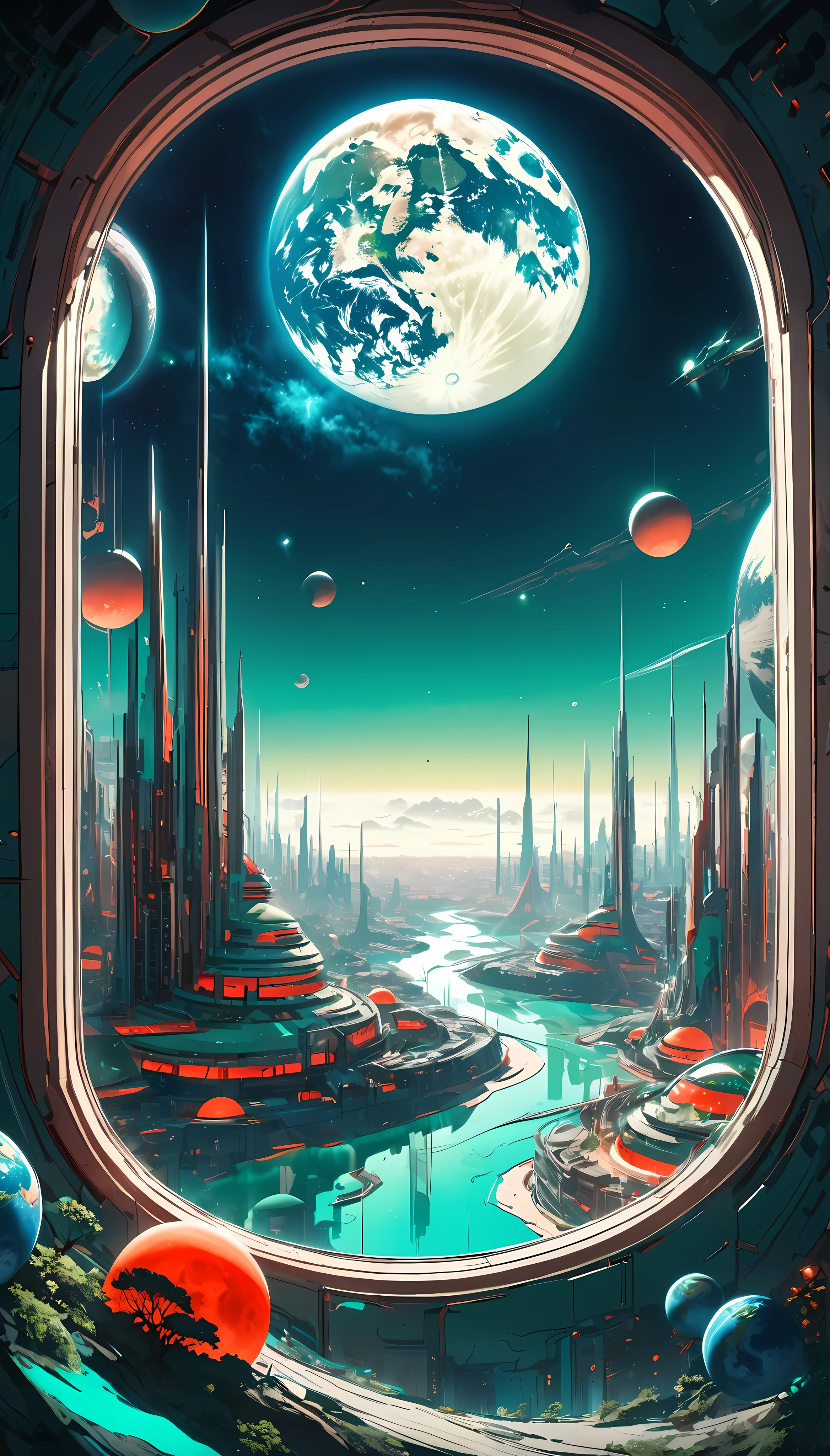 Surreal scene, Lunar City, Future life, Aesthetic Earth seen from a window, Blue and green moon surface, The Earth turns red...