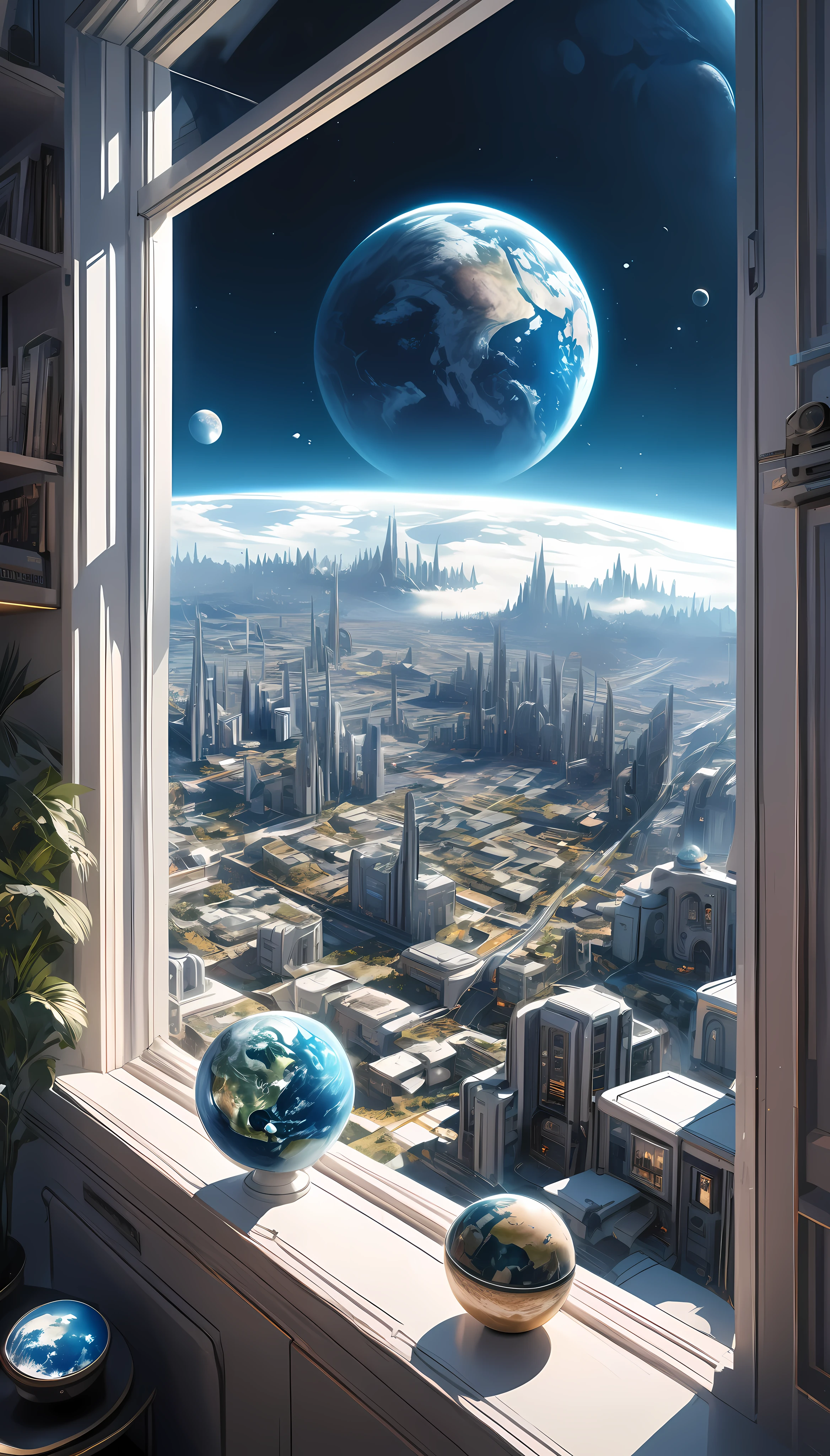 Surreal scene, Lunar City, Future life, Aesthetic Earth seen from a window, Ultra-realism