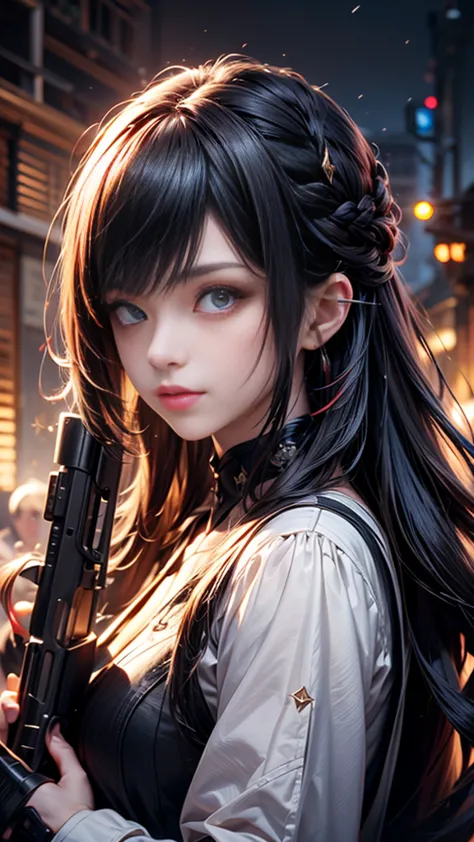 woman holding a gun、reddish-black hair、long hair、the muzzle is pointed at us.。masterpiece,best quality,ultra detailed,high-resol...