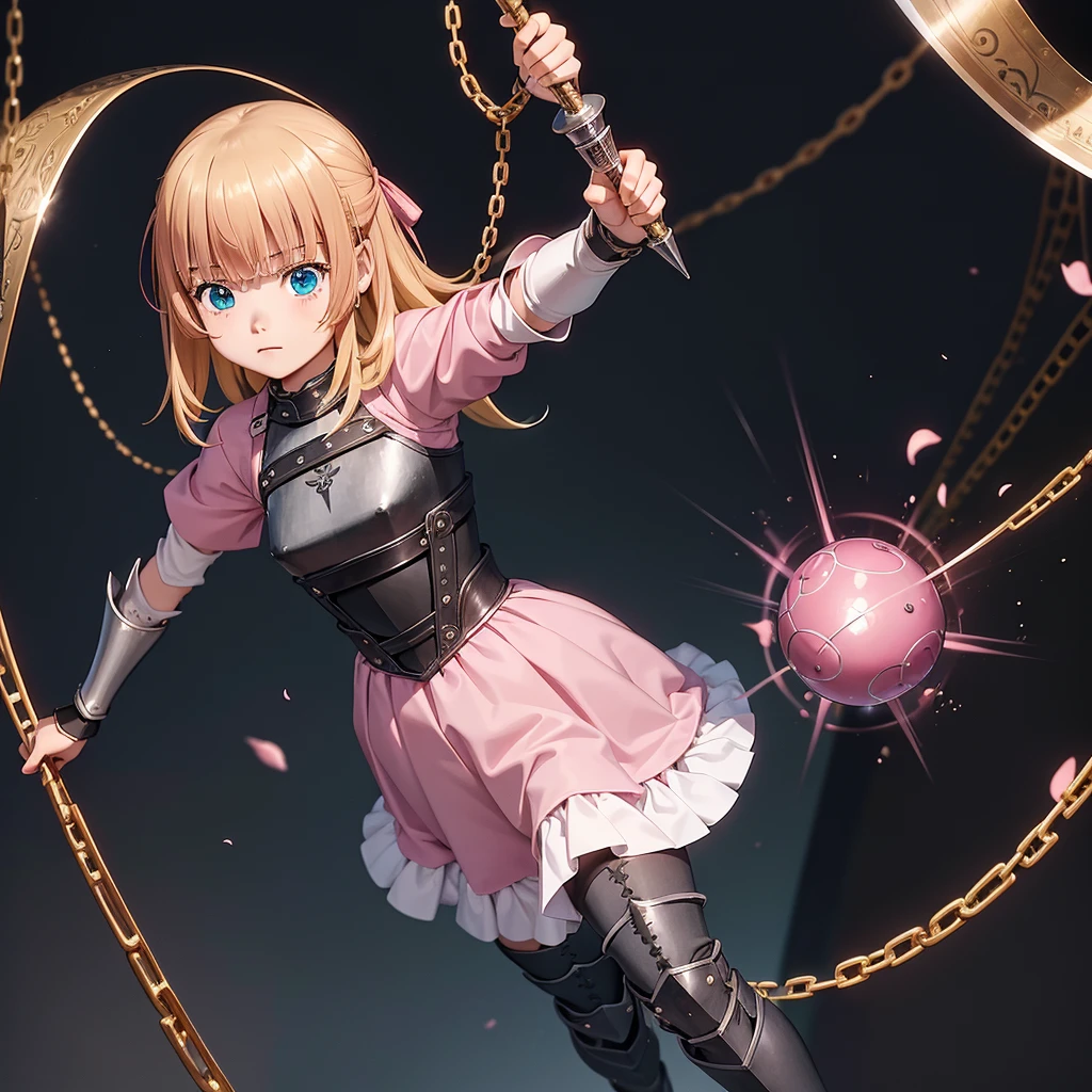 最high quality、high quality、Simple Cloth Armor、１０Year-old girl adventurer、Equipped with a weapon that has a short chain at the end of a stick and a spiked iron ball at the end of the chain、In a dark maze、Pink Armor