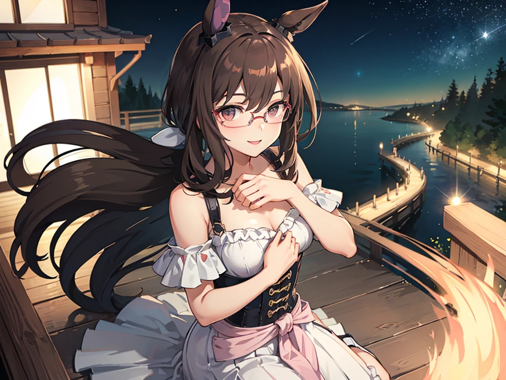 Masterpiece, high quality, 8k, HDR、Portrait、Chest centered。Cool horse ear glasses beauty、smile、looking at the camera。Brown Eyes、Pink Lipstick、Beautiful breasts。Red glasses、Shoulder less、Black plain clothes。Kneeling、Place your hands on your chest and waist。Night starry sky、Brick Road。