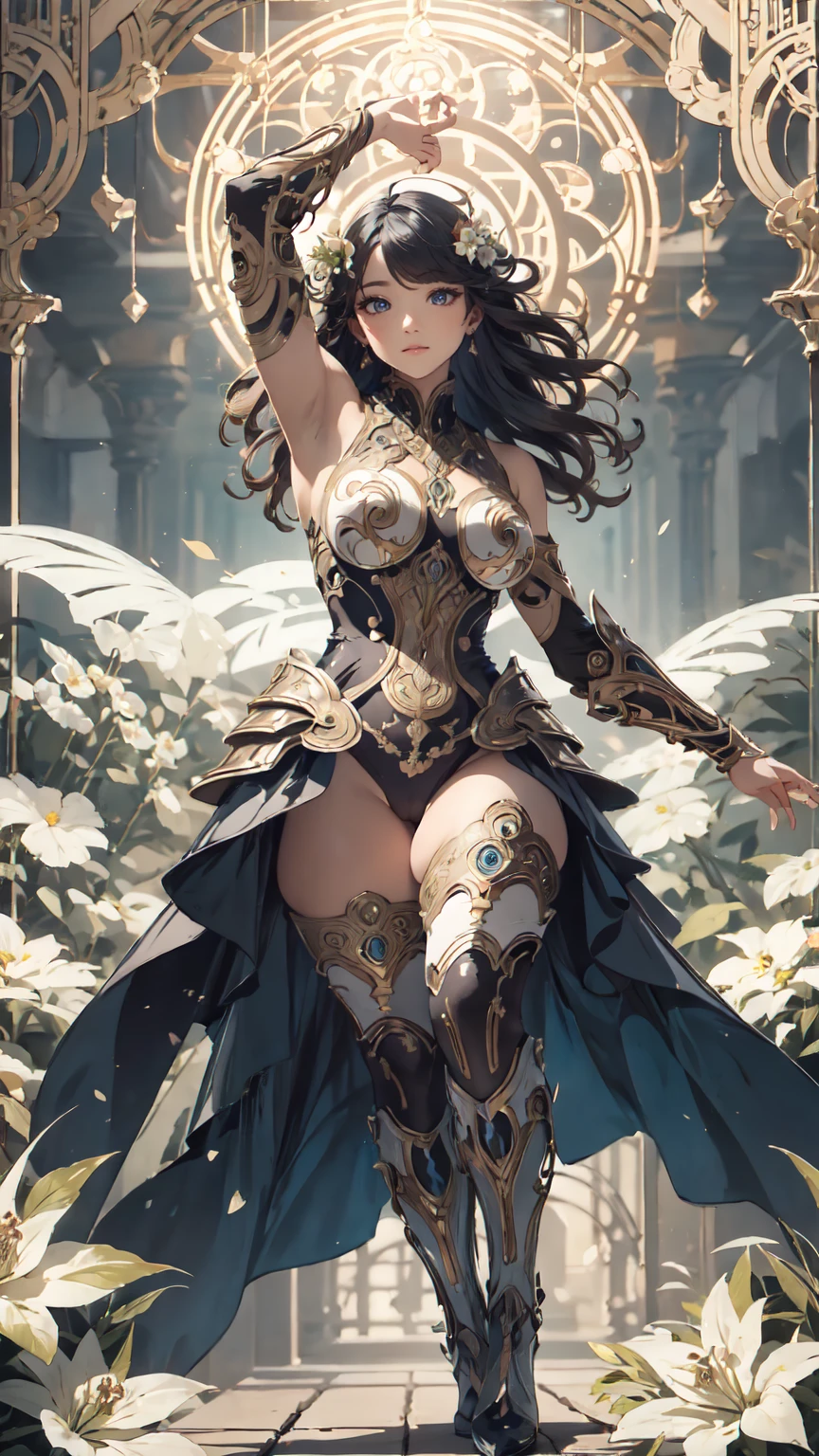 Detailed Background、Mucha style、Art Nouveau、bright forest、Halo、Wearing heavy dress armor that covers the whole body、A background of many brightly colored flowers、(masterpiece、Highest quality、Highest quality、Detailed and careful line drawings)、Vintage Color、colorful、Anatomically correct、Written boundary depth、Flat Shading、Bokeh、(Toned body, Thick thighs:1.2)、(Showing off your armpits)、Pussy、Camel Toe、Expressive eyes、Perfect Face、Black Hair、Okabo Hair、Resolute、Bold Pose