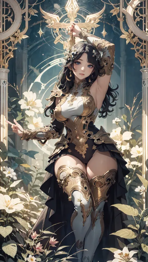 detailed background、mucha style、art nouveau、bright forest、halo、wearing heavy dress armor that covers the whole body、a background...