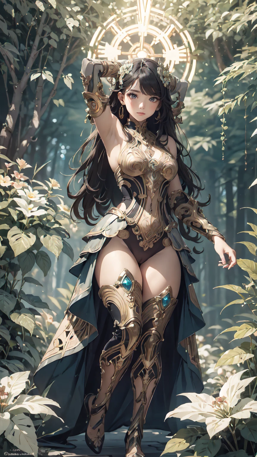 Detailed Background、Mucha style、Art Nouveau、bright forest、Halo、Wearing heavy dress armor that covers the whole body、A background of many brightly colored flowers、(masterpiece、Highest quality、Highest quality、Detailed and careful line drawings)、Vintage Color、colorful、Anatomically correct、Written boundary depth、Flat Shading、Bokeh、(Toned body, Thick thighs:1.2)、(Showing off your armpits)、Pussy、Camel Toe、Expressive eyes、Perfect Face、Black Hair、Okabo Hair、Resolute、Bold Pose