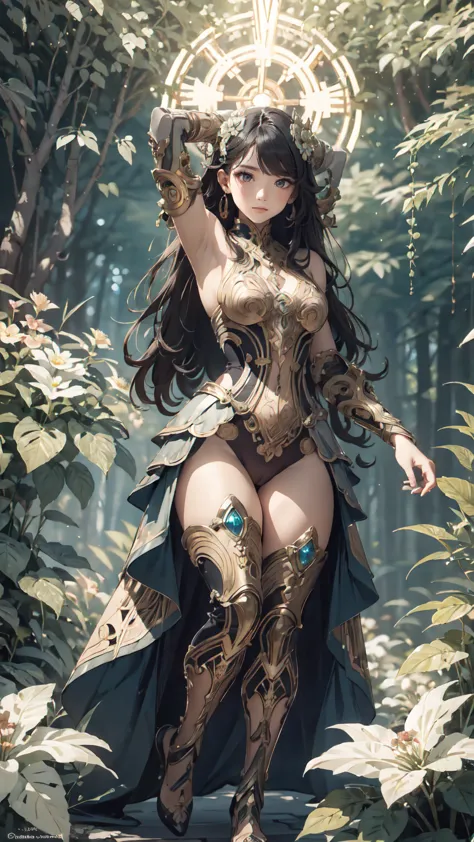 detailed background、mucha style、art nouveau、bright forest、halo、wearing heavy dress armor that covers the whole body、a background...