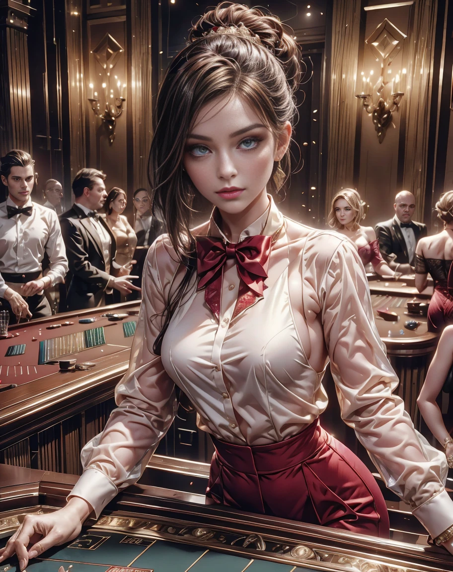 8K, highest quality, ultra high resolution, blackjack female croupier, cards and fiches on the casino table's green felt surface, elegant woman with hair up, beautiful eyes, bright pupils, redlip (very delicate beautiful), (Beautiful and detailed eyes description), ultra-detailed, masterpiece)), facing at the camera, high resolution, ultra-detailed), raised sexy, (wearing (white shirt with wide neckline, bow tie, red gillet, plain long red trousers)), playing cards, casino environment, glamorous setting, focused expression, gold jewelry, dim lighting, (background:((crowded casino room full of players))), high-stakes game, vibrant colors, casino night, sleek hair, canon eos 5d, 50mm, f:1.5