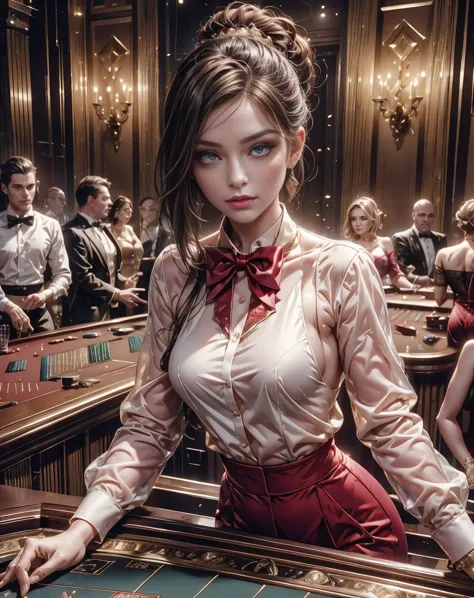 8k, highest quality, ultra high resolution, blackjack female croupier, cards and fiches on the casino table's green felt surface...