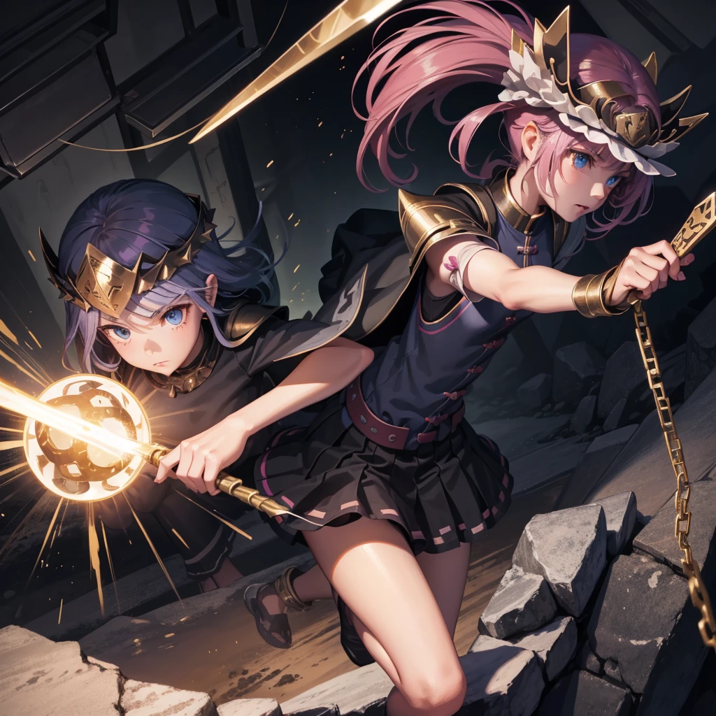 最high quality、high quality、Simple Cloth Armor、１０Year-old girl adventurer、Equipped with a weapon that has a short chain at the end of a stick and a spiked iron ball at the end of the chain、In a dark maze、Pink Armor