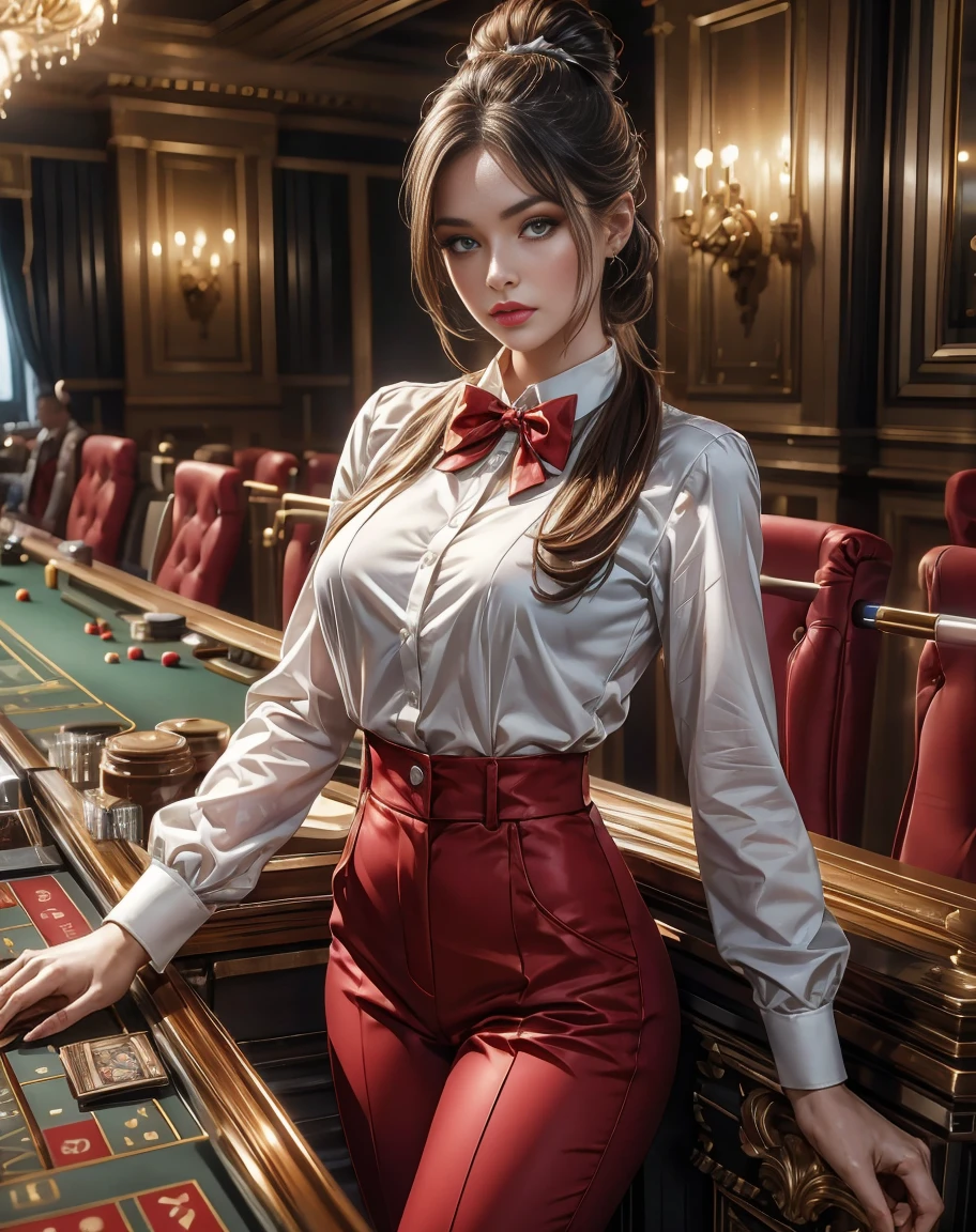 8K, highest quality, ultra high resolution, blackjack female croupier, cards and fiches on the casino table's green felt surface, elegant woman with hair up, beautiful eyes, bright pupils, redlip (very delicate beautiful), (Beautiful and detailed eyes description), ultra-detailed, masterpiece)), facing at the camera, high resolution, ultra-detailed), raised sexy, (wearing (white shirt with wide neckline, bow tie, red gillet, plain long red trousers)), playing cards, casino environment, glamorous setting, focused expression, gold jewelry, dim lighting, (background:((crowded casino room full of players))), high-stakes game, vibrant colors, casino night, sleek hair, canon eos 5d, 50mm, f:1.5