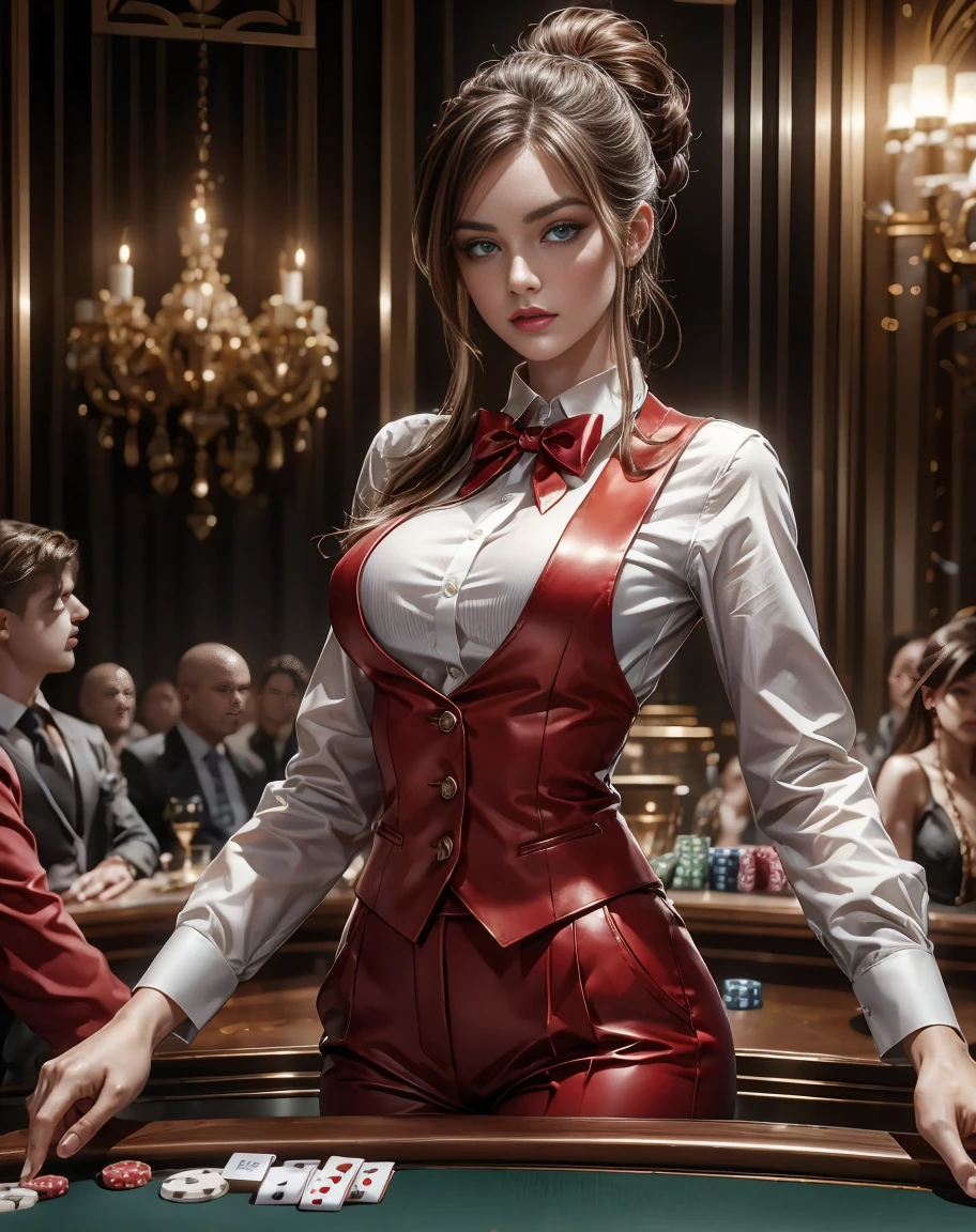 8K, highest quality, ultra high resolution, blackjack female croupier, cards and fiches on the casino table's green felt surface, elegant woman with hair up, beautiful eyes, bright pupils, redlip (very delicate beautiful), (Beautiful and detailed eyes description), ultra-detailed, masterpiece)), facing at the camera, high resolution, ultra-detailed), raised sexy, (wearing (white shirt with wide neckline, bow tie, red gillet, plain long red trousers)), playing cards, casino environment, glamorous setting, focused expression, gold jewelry, dim lighting, (background:((crowded casino room full of players))), high-stakes game, vibrant colors, casino night, sleek hair, canon eos 5d, 50mm, f:1.5