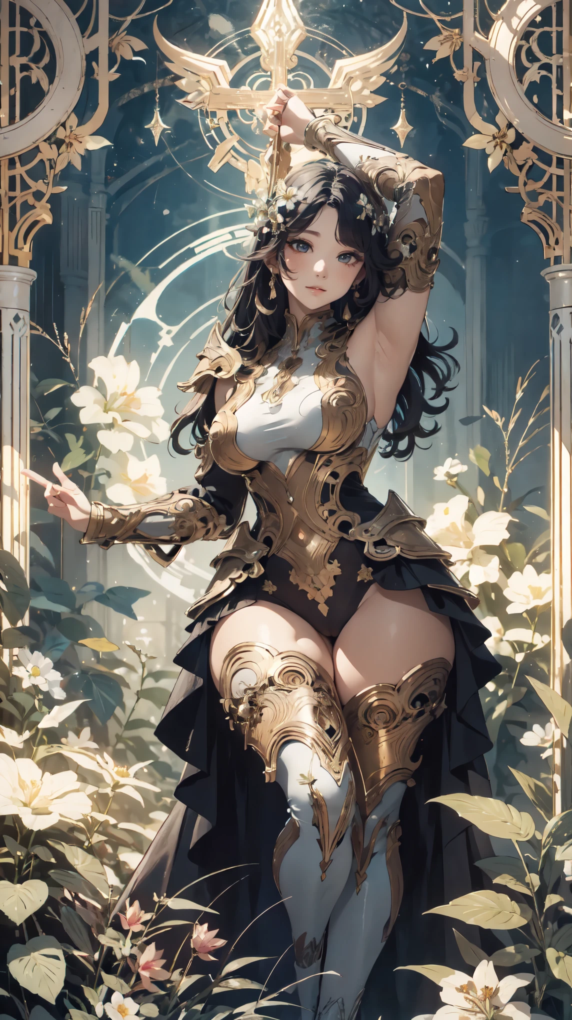 Detailed Background、Mucha style、Art Nouveau、bright forest、Halo、Wearing heavy dress armor that covers the whole body、A background of many brightly colored flowers、(masterpiece、Highest quality、Highest quality、Detailed and careful line drawings)、Vintage Color、colorful、Anatomically correct、Written boundary depth、Flat Shading、Bokeh、(Toned body, Thick thighs:1.2)、(Showing off your armpits)、Pussy、Camel Toe、Expressive eyes、Perfect Face、Black Hair、Okabo Hair、Resolute、Bold Pose