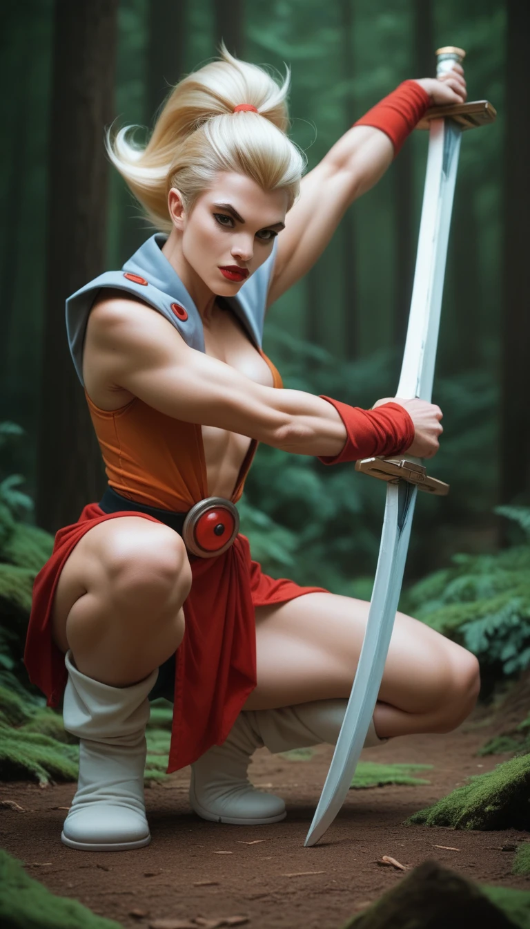 cheetarahot, red lips, Blonde, squat, in a forest, dynamic pose, holding the sword of omen from Thundercats