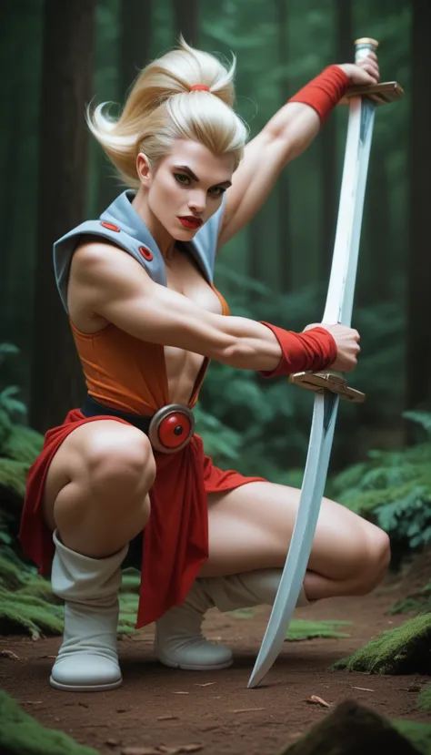 cheetarahot, red lips, blonde, squat, in a forest, dynamic pose, holding the sword of omen from thundercats