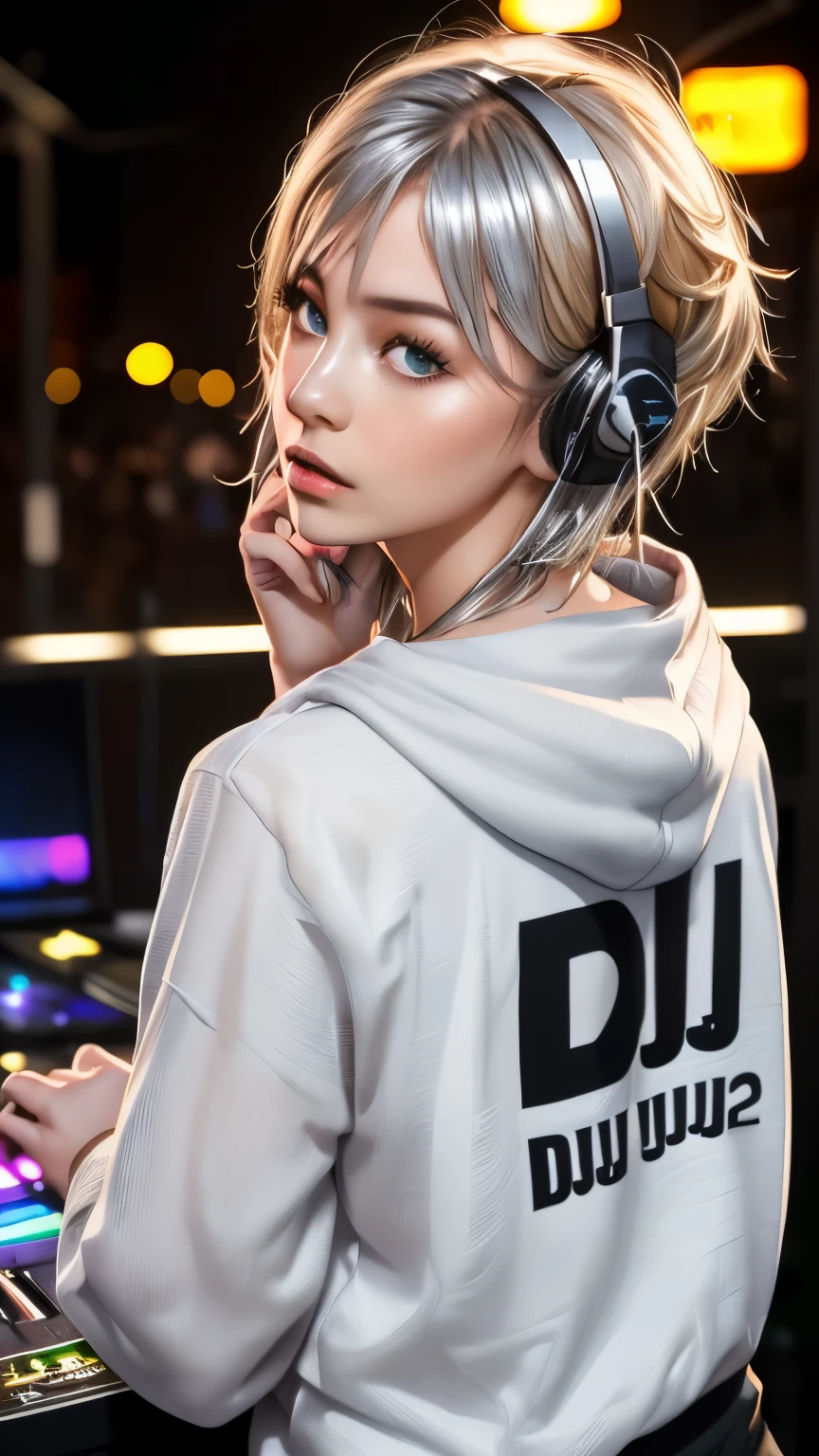 best quality, tabletop, Super high resolution, (realistic:1.4), (japanese idol),RAW photos, one girl, night,detailed skin,nightclub,disco,(blond hair:1.2), (Silver inner hair:1.3),shiny lips,2,Beautiful and beautiful eyes,eye shadow,Diamond Jewelry,earring,gold jewelry,(hood T-shirt:1.3),,(Shoulder strengthening:1.2),well-trained body,(pixie cut),round face,(playing music as a DJ:1.5),  (DJ:1.2) Playing lively (Music Festivals:1.2) ~with (energetic crowd:1.1) and (Gorgeous stage lighting:1.1), (back:1.8 ),back,(distant configuration),(Back of the head:1.8),Composed from behind,