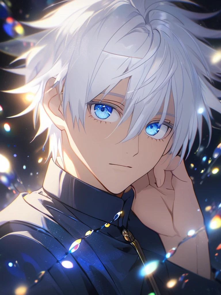 1boy, white hair, blue eyes, dark blue outfit, high colar, hand on face, looking at viewers, dreamy lights,upper body, very detailed, uhd, high quality, 8K