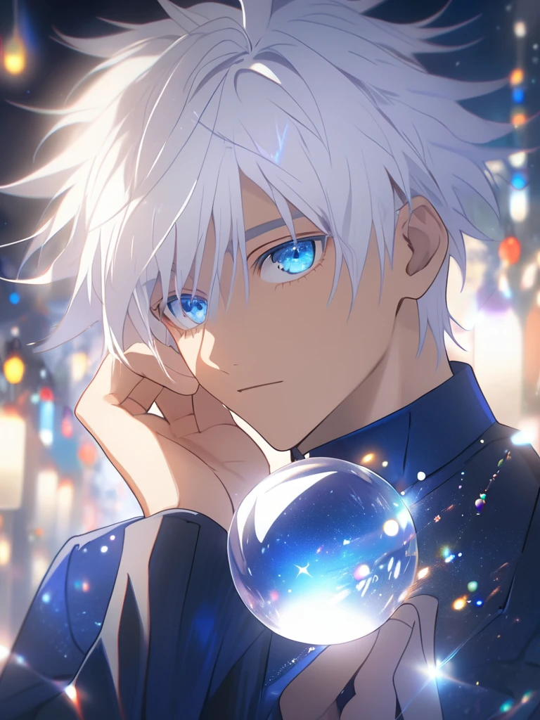 1boy, white hair, blue eyes, dark blue outfit, high colar, hand on face, looking at viewers, dreamy lights,upper body, very detailed, uhd, high quality, 8K