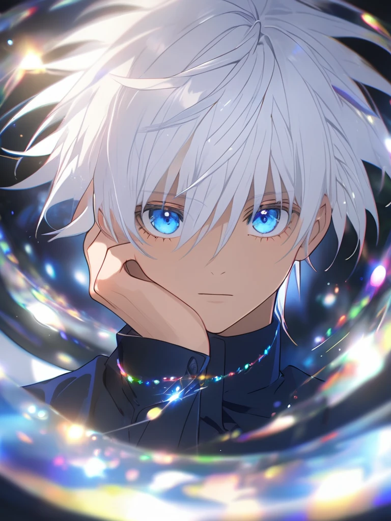 1boy, white hair, blue eyes, dark blue outfit, high colar, hand on face, looking at viewers, dreamy lights,upper body, very detailed, uhd, high quality, 8K