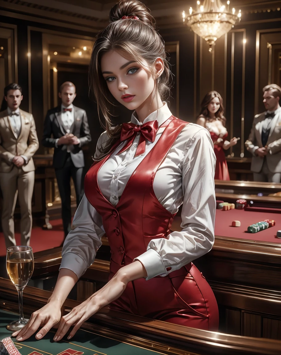 8K, highest quality, ultra high resolution, blackjack female croupier, cards and fiches on the casino table's green felt surface, elegant woman with hair up, beautiful eyes, bright pupils, redlip (very delicate beautiful), (Beautiful and detailed eyes description), ultra-detailed, masterpiece)), facing at the camera, high resolution, ultra-detailed), raised sexy, (wearing (white shirt with wide neckline, bow tie, red gillet, plain long red trousers)), playing cards, casino environment, glamorous setting, focused expression, gold jewelry, dim lighting, (background:((crowded casino room full of players))), high-stakes game, vibrant colors, casino night, sleek hair, canon eos 5d, 50mm, f:1.5