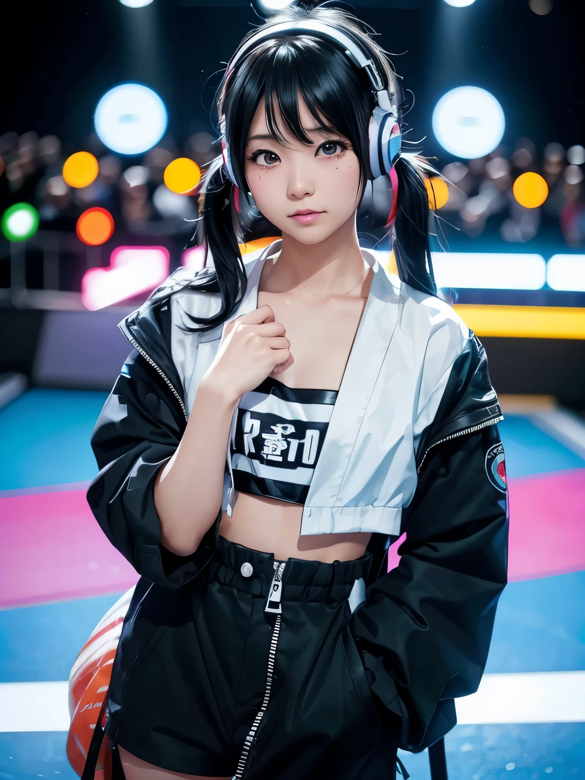 40 year old Japanese woman、black hair、My hair is very short.、twin tail、Hatsune Miku Costume、headphone、flat chest、realistic photos、realistic、8K quality、High value、no bangs、high resolution, best quality, anatomically correct, Winner of numerous awards, Looking at the audience, big tearful eyes, (rainbow colored hair：1.6), color splash, （alone：1.8）, color splash, Color explosion, 두꺼운 Paint 스타일, messy lines, ((shining))，(fancy), (fancy), (fancy), fancy, Thick Paint Style, (fried food) (Color fried food), Vertical Painting, upper body, Paint fried food, acrylic pigment, gradient, Paint, Best image quality, best quality, masterpiece, alone, depth of field