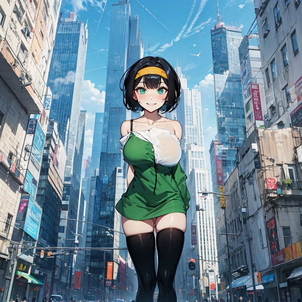 (solo), (1 skinny girl standing), arms behind back, swaying back, (tight-fit black thighhighs), collarbone, BREAK, (yellow hairband), green off-shoulder dress with shoulder straps, (off-shoulder white shirts under dress:1.2), glass-walled skyscrapers in distance, BREAK, (long skinny legs), huge breasts, BREAK, (forced smile:1.3), (dripping tires:1.3), (disappeared), open mouth, orgasm, nsfw, pussy juice dripping down between thighs