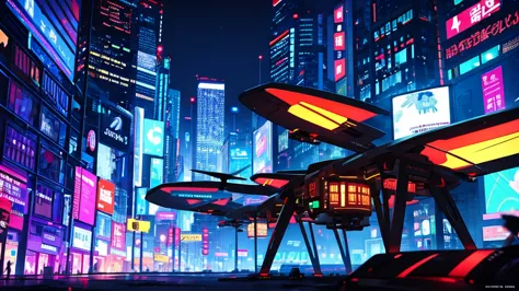 night city ,cyberpunk, drones flying in the sky