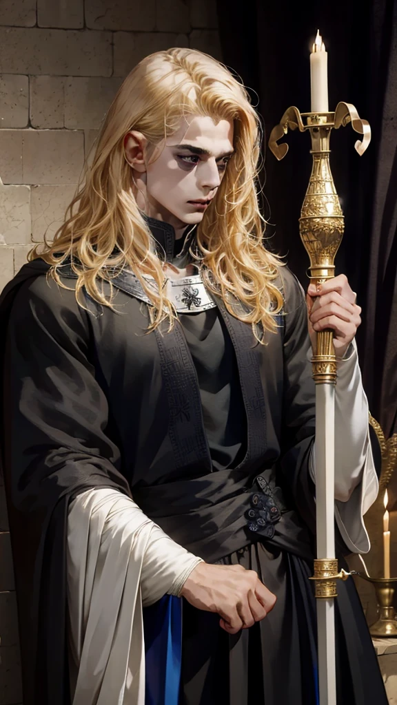 Mysterious boy in a medieval world, curly blonde hair, medium frizzy, black clothing, black cowl, using bow and arrow 