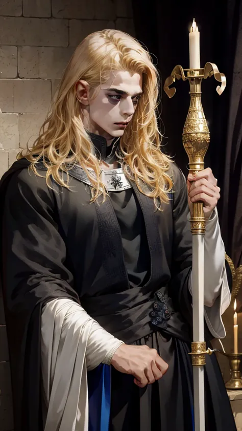 mysterious boy in a medieval world, curly blonde hair, medium frizzy, black clothing, black cowl, using bow and arrow