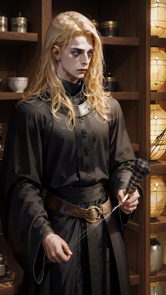 Mysterious boy in a medieval world, curly blonde hair, medium frizzy, black clothing, black cowl, using bow and arrow 