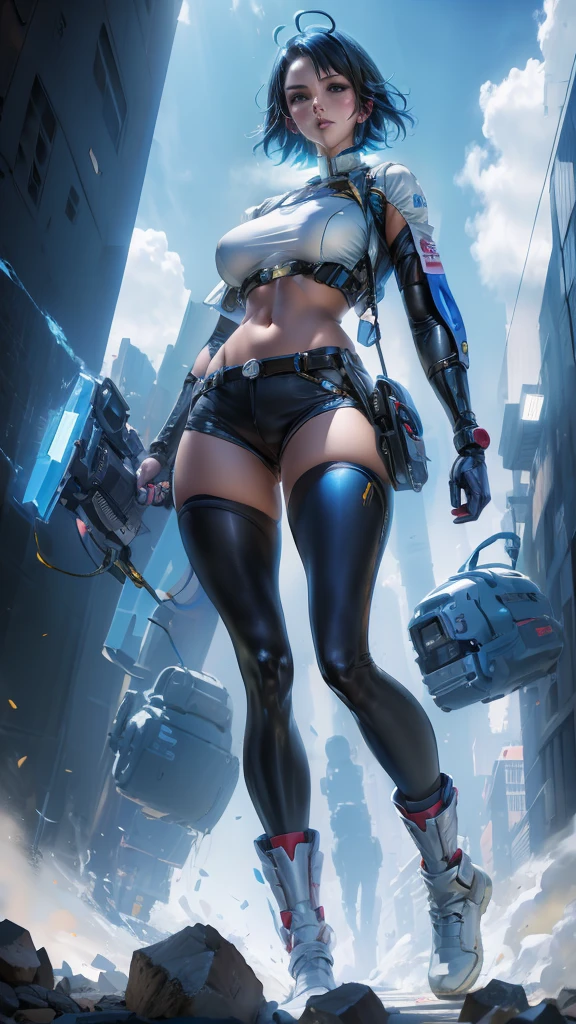 Future Technology,Technology Corridor,gundam driver,Japanese Girls,Blue short hair drifting,Big breasts,Blue driver&#39;s tights,blue coat,One hand on waist,8k,Super detailed,Fantasy special effects