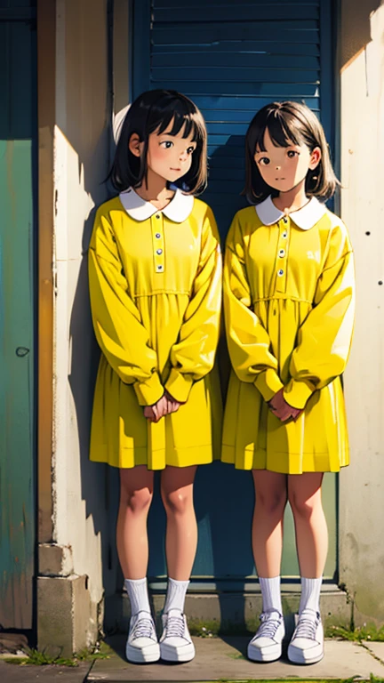 Twin girls in yellow clothes