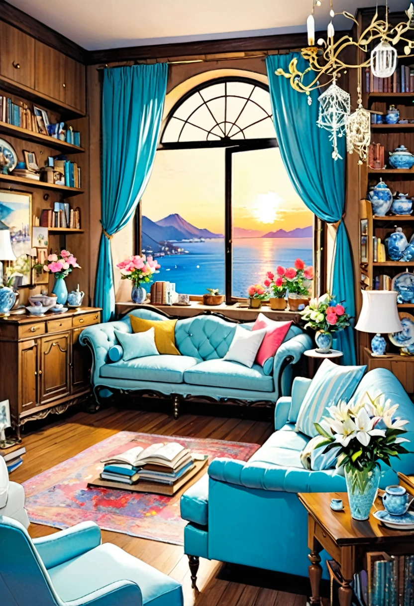 ((1girl)), beautiful woman, long hair, brown hair, drink coffee, ((full body)), A masterpiece, an exquisite view from a large window, shelves with books, watercolor paintings, paintings on the walls, a fireplace, chic furniture, gold elements, figurines, pots look at window, cups, plates, crystal, a chest of drawers, a sideboard with a variety of books, dishes, a dreamcatcher, a neon garland, a multi-colored garland, highlights, an exquisite interior, a view from the window, a bridge, the sea, mountains, sunset, a city, neon light, night, a bed, a sofa, pillows, sconces, flowers, daylight, bright room, illuminated room, lots of light, flower pots,