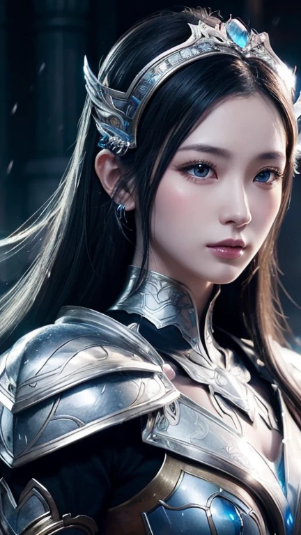 Close-up of woman in silver and blue dress, Chengwei Pan at Art Station, Jan J, Detailed fantasy art, Amazing character art, Fan Art Best Art Station, Magnificent and elaborate character art, Beautiful Armor, Highly detailed art gems, Detailed digital anime art, Art Station pixiv&#39;s artgerm, Girl in Armor