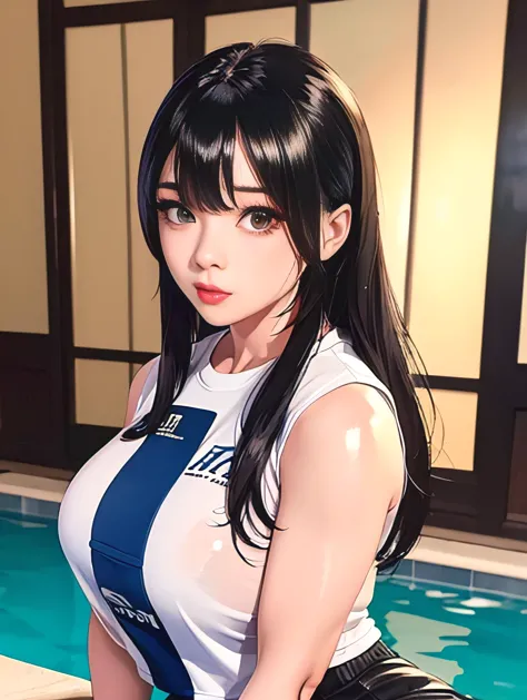 unreal engine 5 realistic rendering, wearing a wet uniform t-shirt and skirt, korean model, bangs, beautiful face, the upper bod...