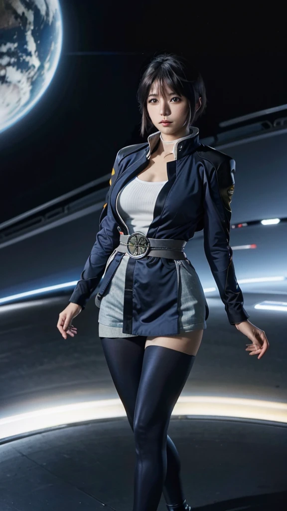 Future Technology,Technology Corridor,driver,Japanese Girls,Blue short hair drifting,Big breasts,blue tights.,blue coat,One hand on waist,8k,Super detailed,Fantasy special effects