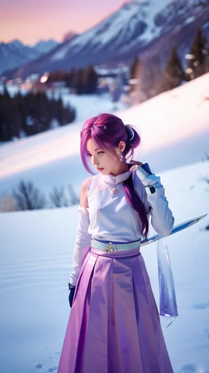 extreme detail, perfection, aerial photograph, like a work of art, anime girl with ice and snow sword, her pink hair and long pu...