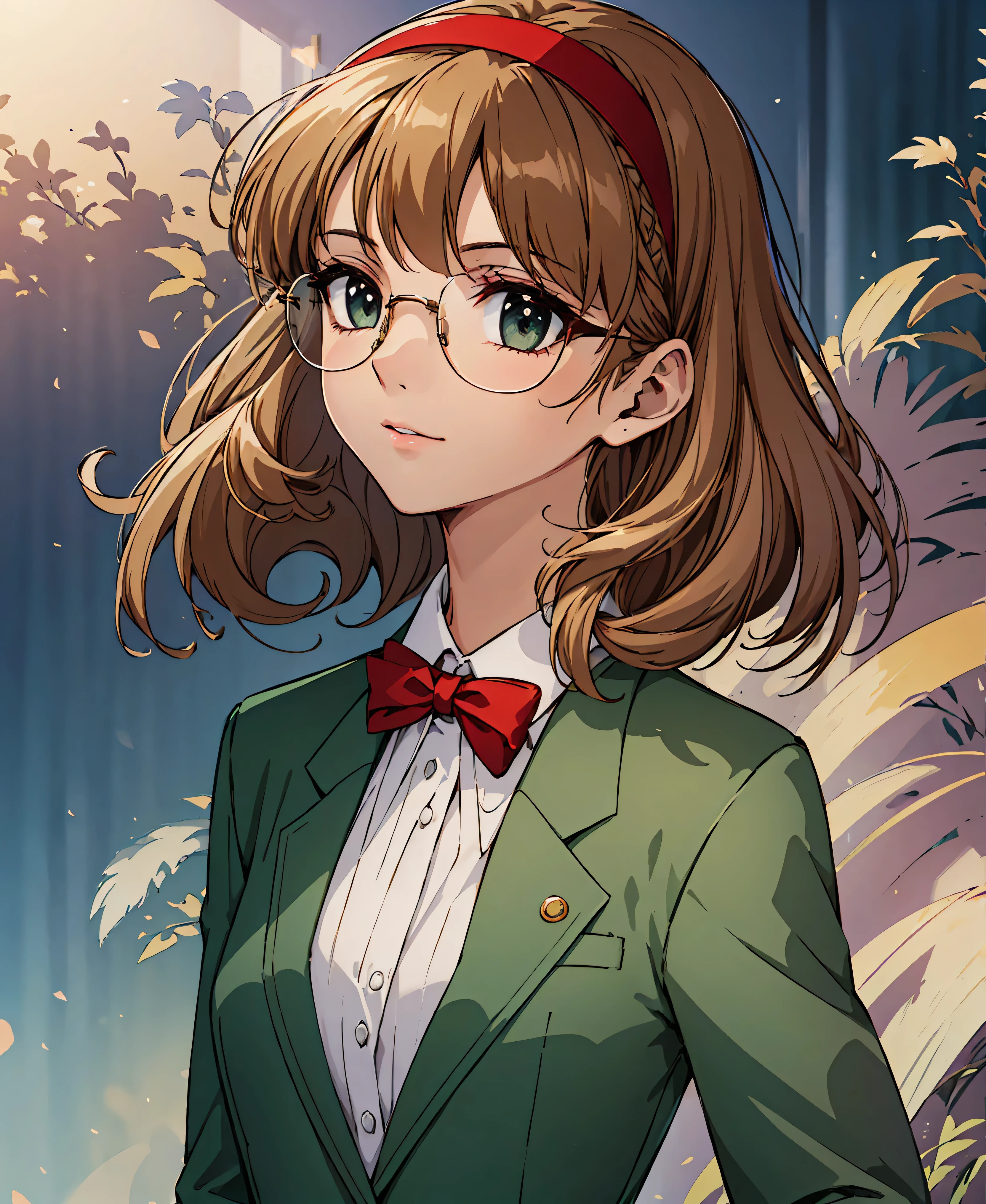 Phoenix Temple Fuu,One girl,short hair,Light brown hair,Glasses,((Red Hairband)),Green blazer,mini skirt,masterpiece,Noise Reduction,Perfect Anatomy,High resolution, Very detailed,Game CG,Dutch Angle ,Beautiful attention to detail,Visual Arts,Five Fingers, Perfect hands, Perfect lighting,