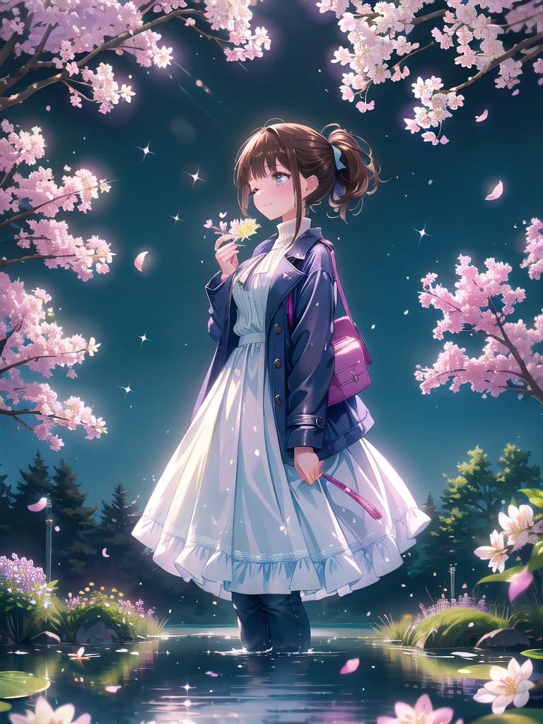 ((8k, Highest quality, masterpiece: 1.3)),Ultra-high resolution,(1 girl, alone), (Color changing eyes, Ultra-detailed, Expressive brilliance, Glitter, Glowing Eyes), Highly detailed eyes, Highly detailed face, Random Hair, ((pastel colour))Visualize a woman standing in a sun-dappled park, near a picturesque pond with ducks and blooming cherry blossom trees. She is holding a delicate bouquet of lilacs and lilies of the valley, symbolizing freshness and spring. Her dark brown hair is pulled back into a sleek ponytail, and she is dressed in a casual, elegant outfit: a light trench coat over a simple white turtleneck and slim-fit jeans. She’s beaming with happiness, her eyes closed and head slightly tilted back, enjoying the serene beauty of the park. The background features gently rippling water, soft petals falling from the trees, and a few birds in flight, all bathed in warm sunlight, with subtle sparkles on the water to enhance the idyllic atmosphere.