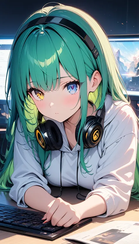 (((anime))) one woman,i am using the computer on my desk,hands on the keyboard,long hair,(green hair),bangs parted in the center...