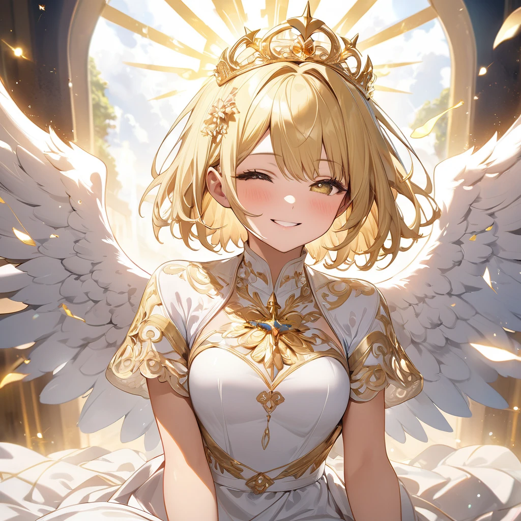 masterpiece, top quality, 8k, real person,1,shiny skin, fully focused, heaven, divine glory, Radiant, angel, blessing, happiness,sit、smile、White dress、Gold Tiara、Blonde、Short Hair、Angel&#39;s wing