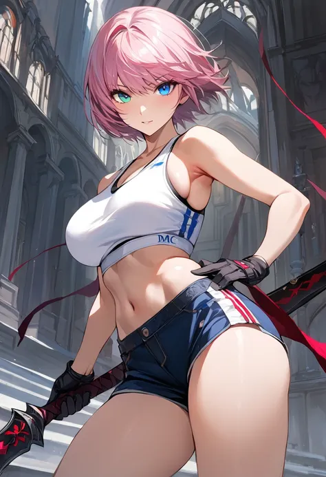 (masterpiece, best quality:1.2), lady, dmc, dmc4, slim body, white sports bra, 1girl, solo, heterochromia, blue eyes, blue eyes,...