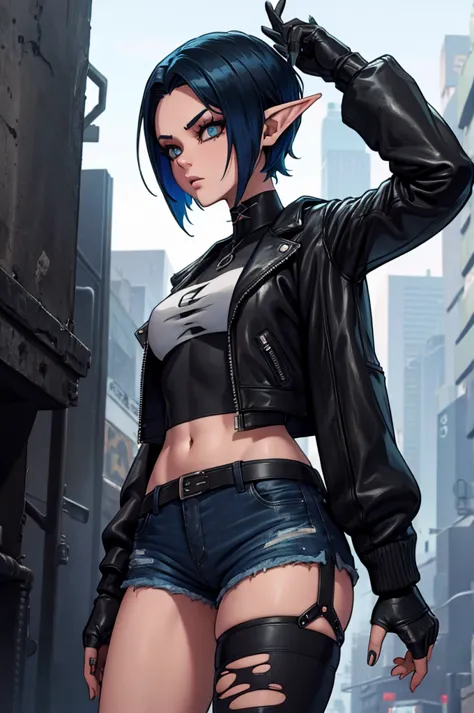 shadrowrun girls, cyberpunk style, sexy elf girl, torn tights, short denim shorts, black leather jacket, cyber implants, shaved ...